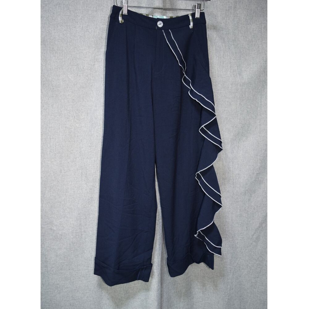 HOWL Effortlessly Chic Navy Ruffle Wide Leg Pants Womens S